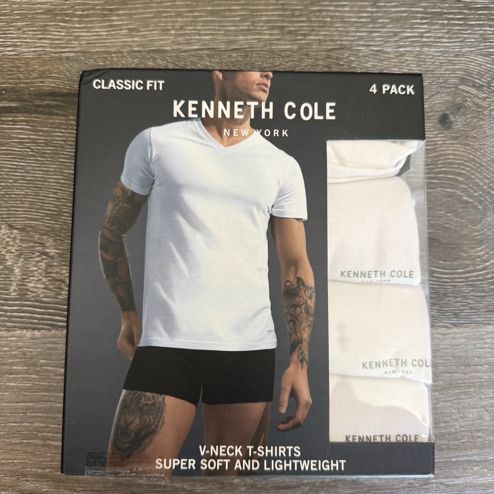 Kenneth Cole NY Classic Fit 4-PACK White V-Neck T-Shirts Size Medium 38-40"